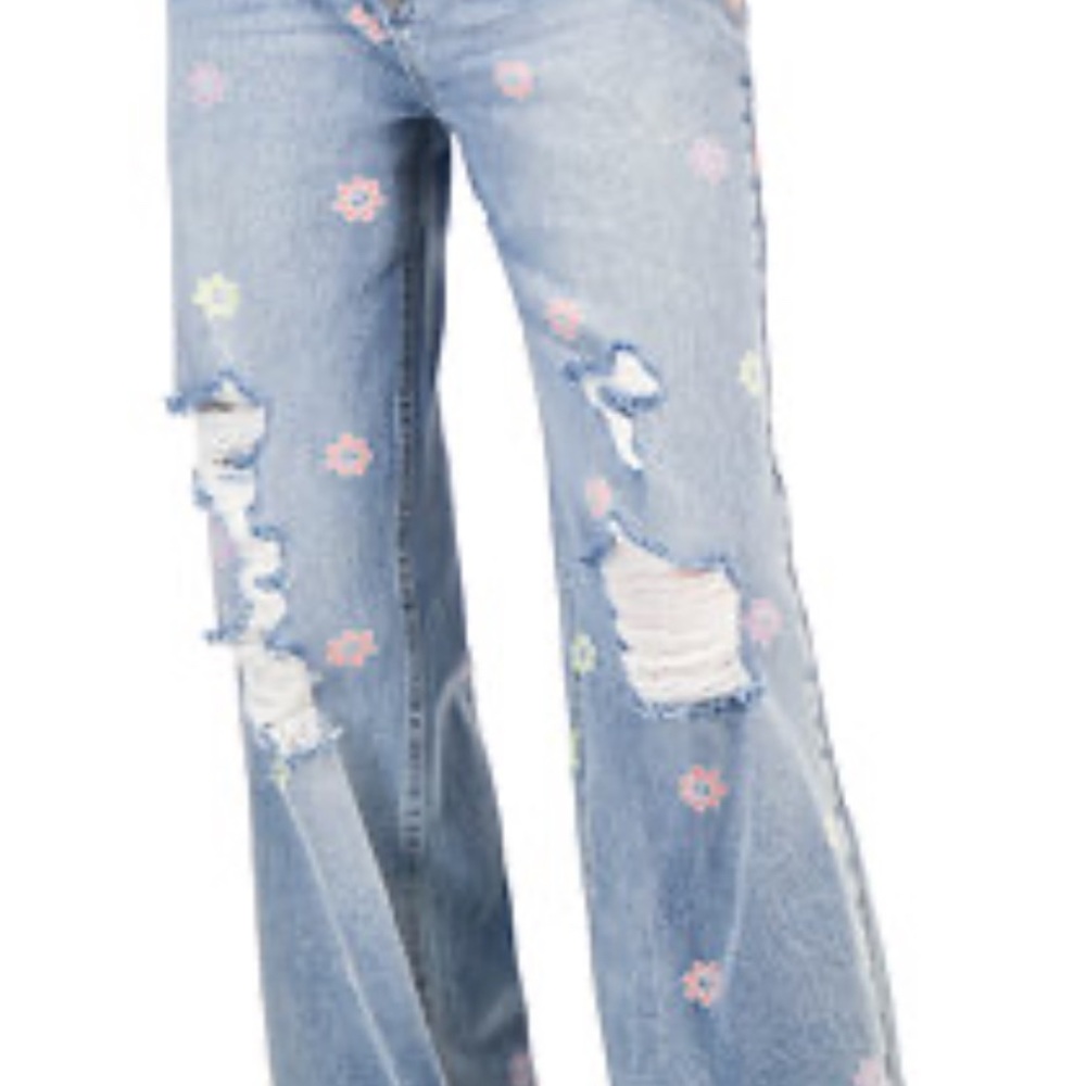 Floral Embroidered Women's Jeans - Light Blue